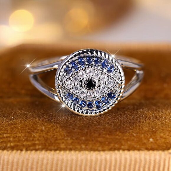NEW 14k White Gold Blue Sapphire Evil Eye Diamond Ring - Picture 1 of 9